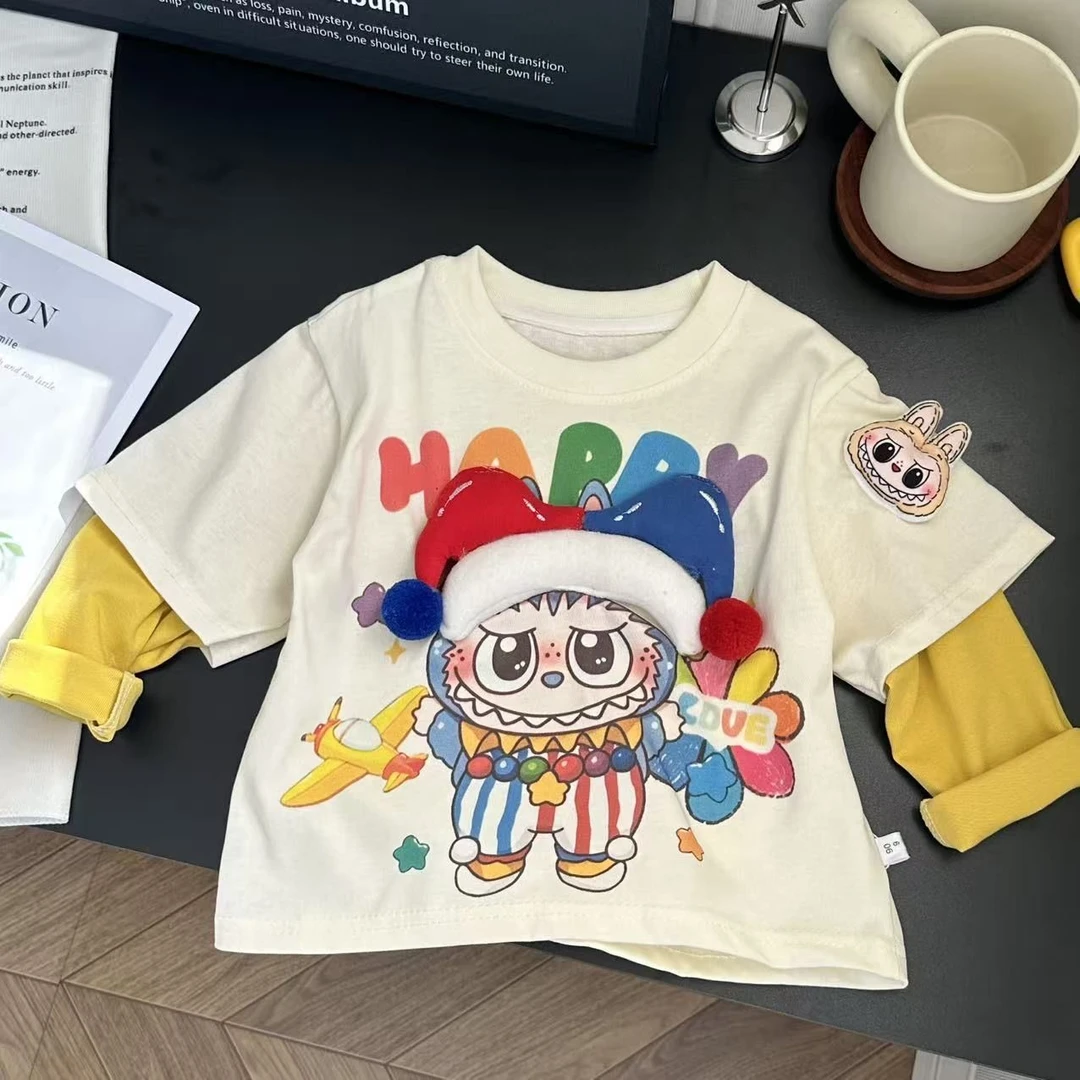 儿童长袖立体拉布布玩偶创意假两件时尚女童长袖休闲百搭男童长袖