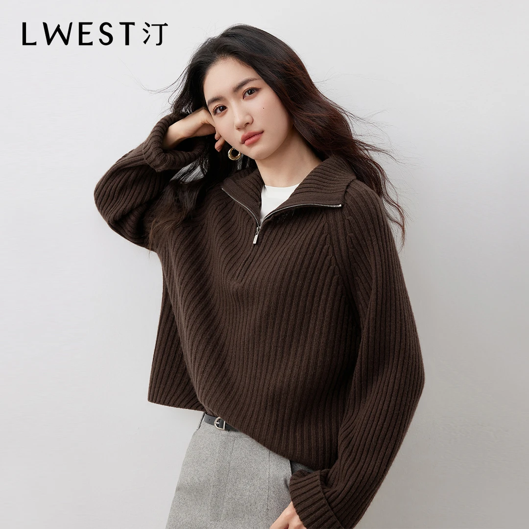 H朗文斯汀2025冬新款插肩袖坑条纹毛衣女长袖套头半开拉链针织衫