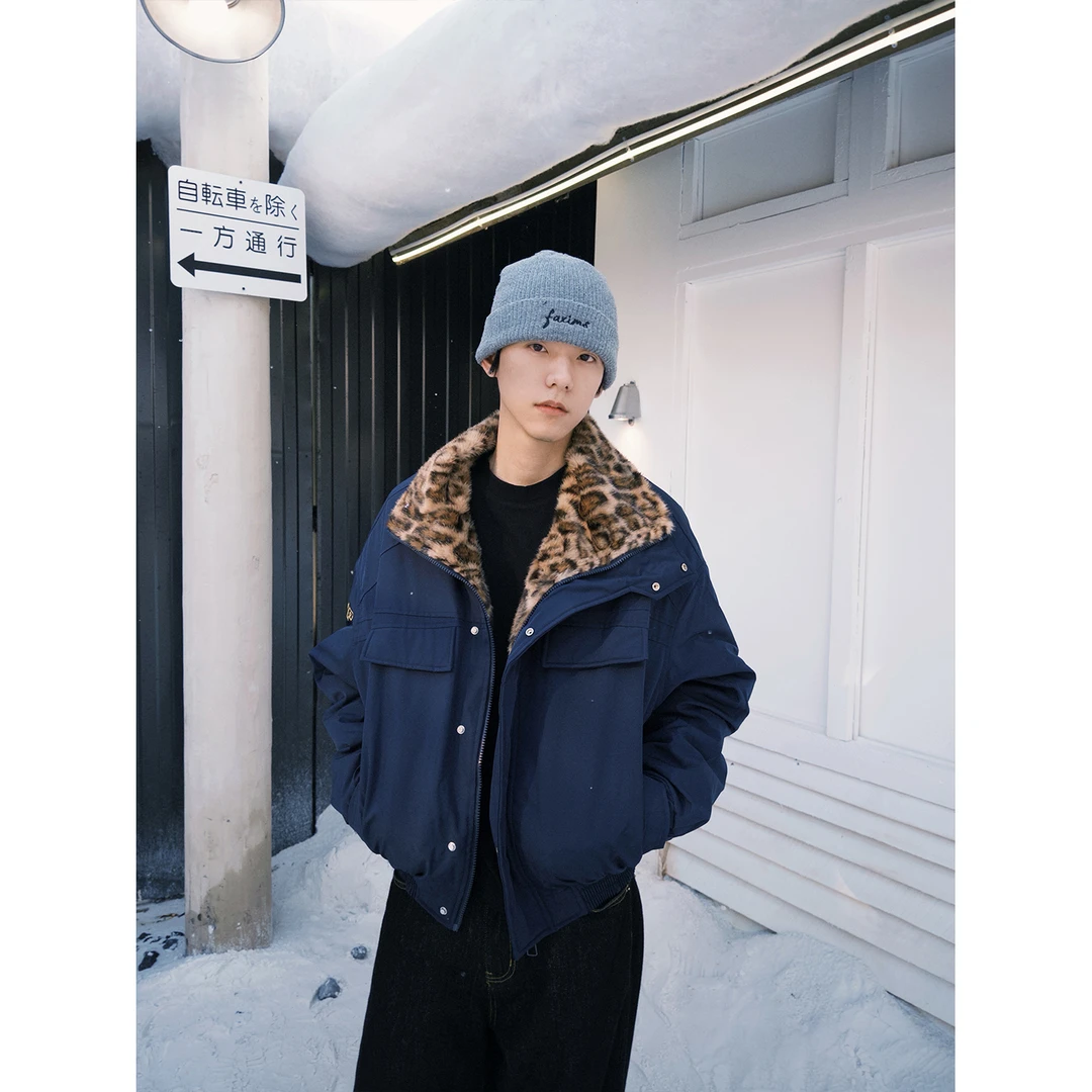 Faxims Store 立领重磅美式复古座山雕夹克加绒加厚豹纹棉服外套