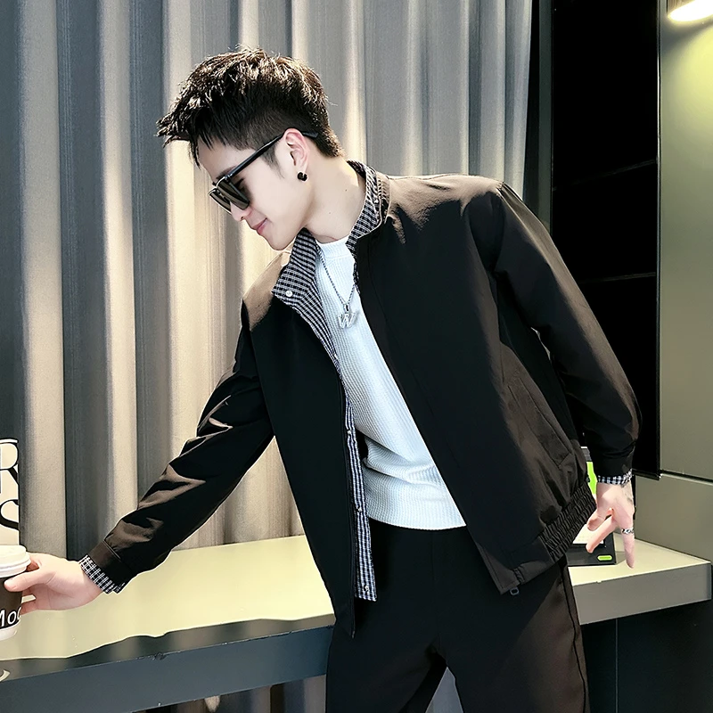 拼接假两件夹克男士春秋款2025新款爆款立领外套男装潮牌休闲上衣