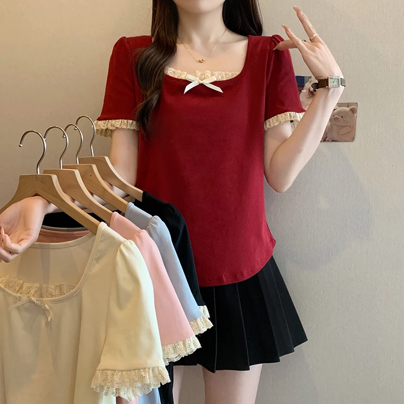 法式蝴蝶结正肩蕾丝边短袖T恤女大码胖mm方领流行漂亮小衫上衣潮