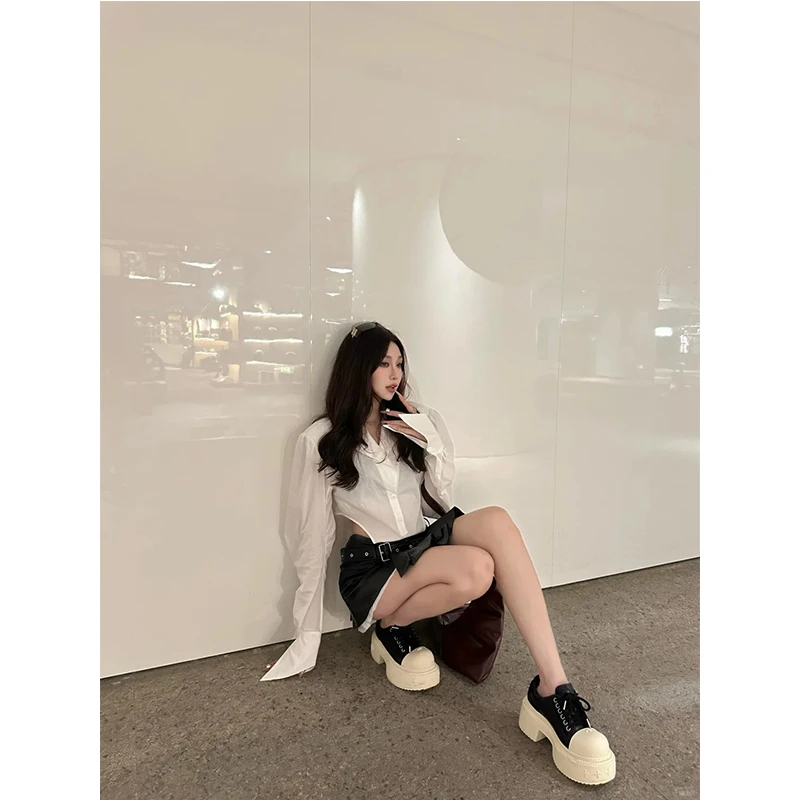 秋季新款长袖连体衣衬衫女不规则腰头半身裙百褶拼接PU皮裙两件套