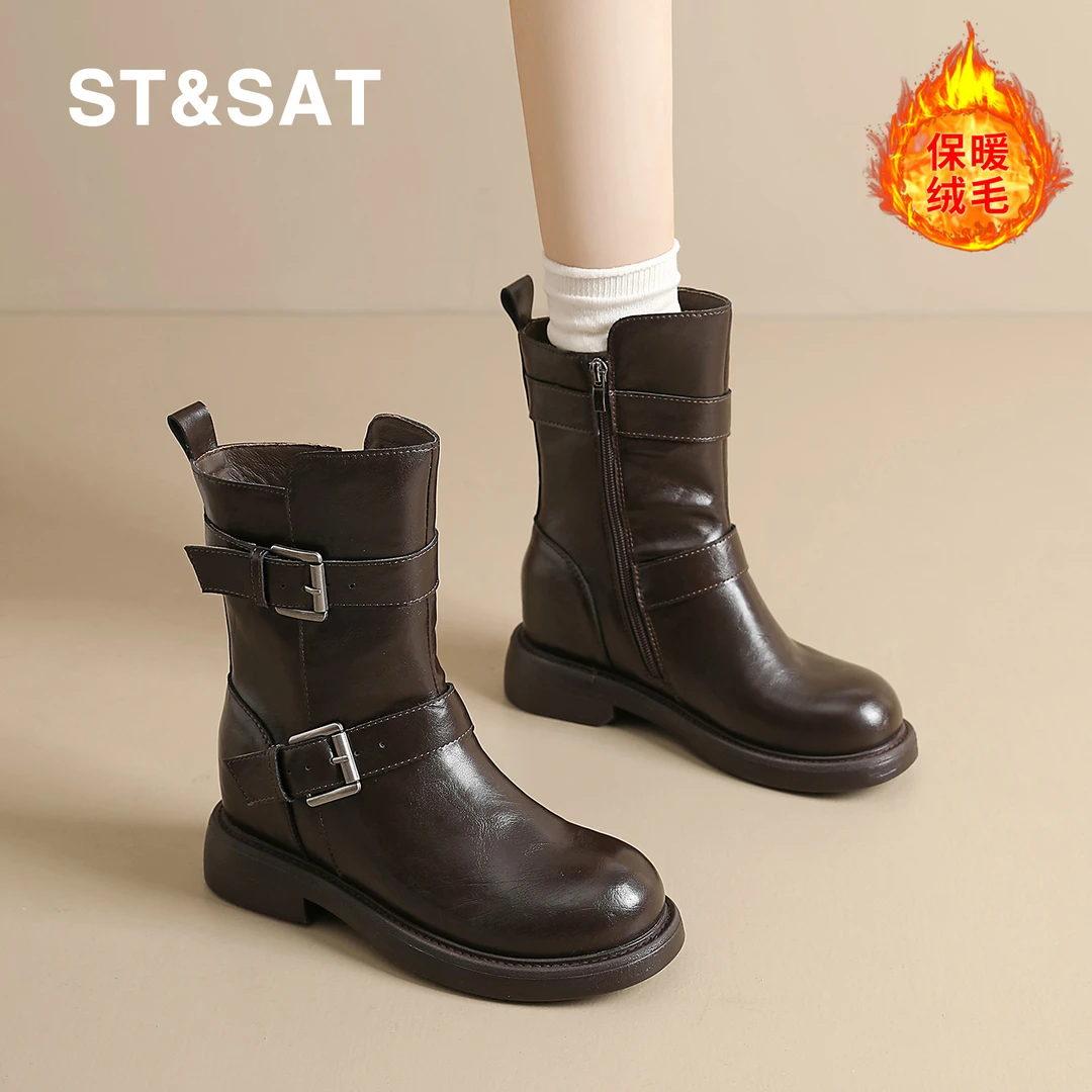 星期六休闲靴女2025秋冬复古英伦风机车靴加绒保暖百搭短靴马丁靴