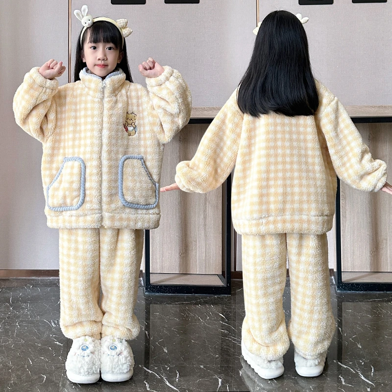冬季女童睡衣法兰绒儿童可爱中大童公主小女孩洋气开衫家居服套装