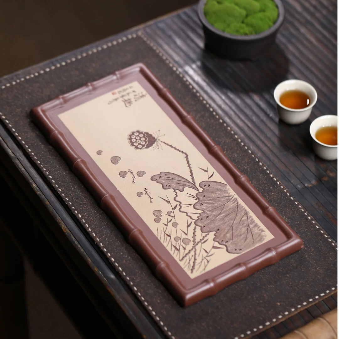 宜兴紫砂清趣茶盘壶承干泡刻绘功夫茶具茶壶承家用礼品竹节茶盘