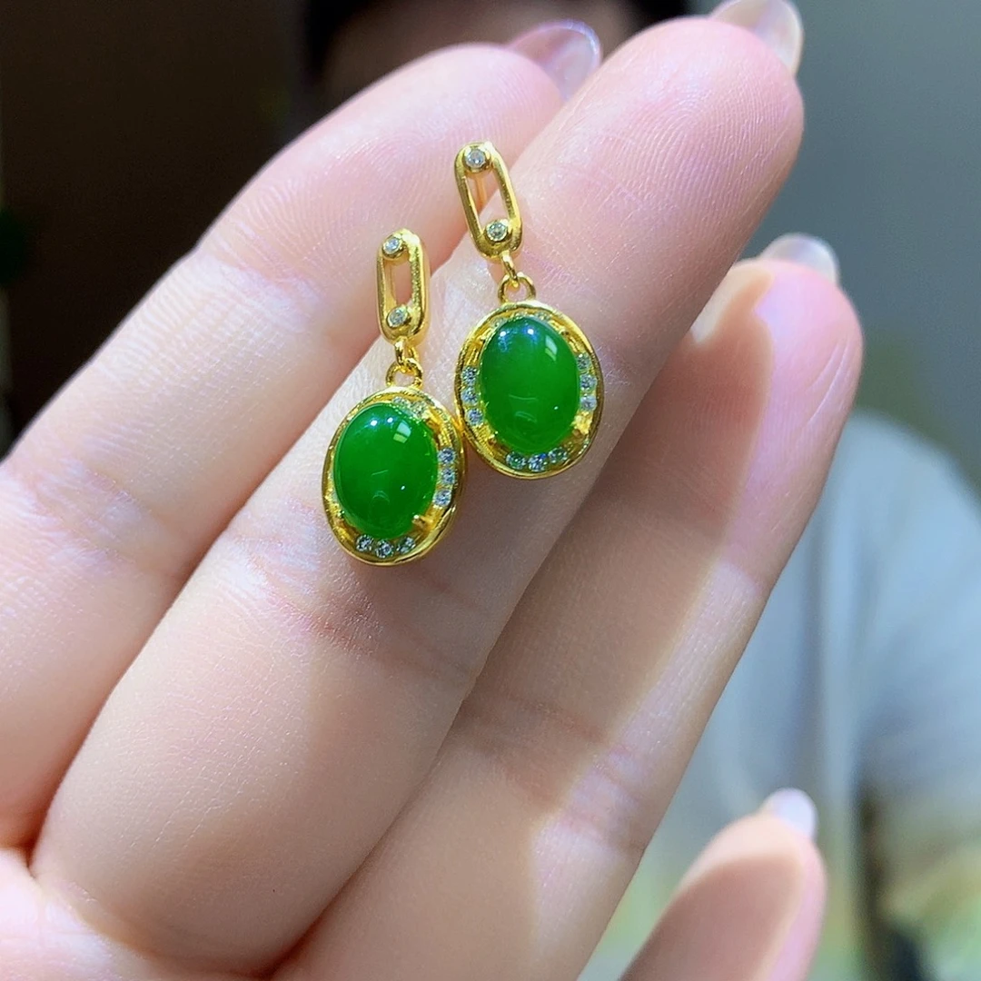 银S925镀金镶嵌和田玉（碧玉）耳饰