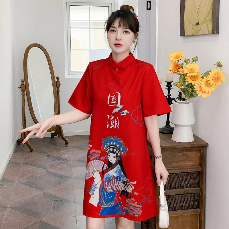 新款改良中国风文艺连衣裙显瘦宽松旗袍红色复古七分袖