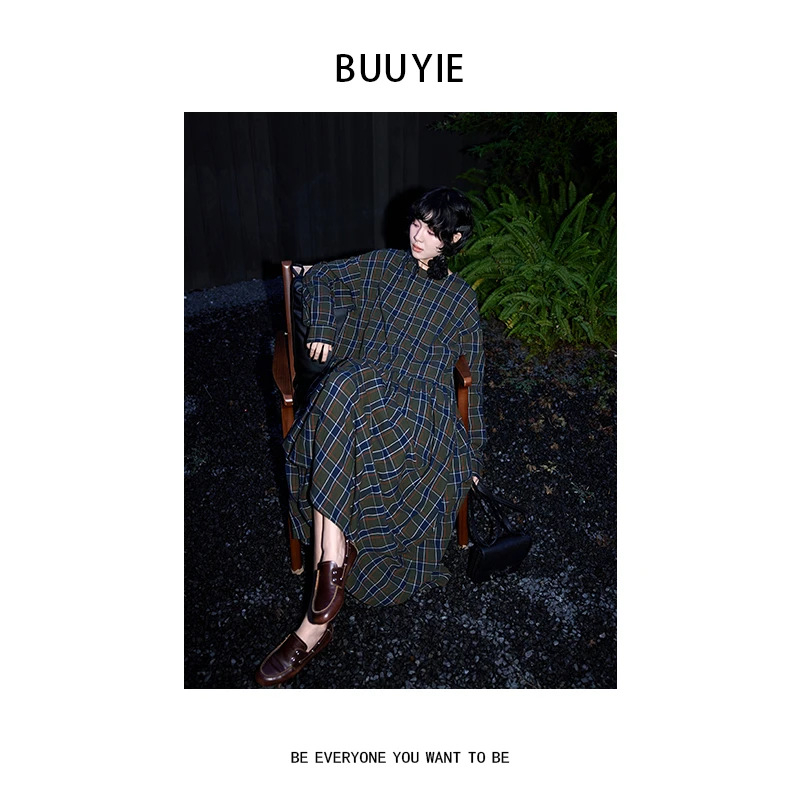BUUYIE 25SS【青筠】时尚百搭新款100棉绿格连衣裙 250576