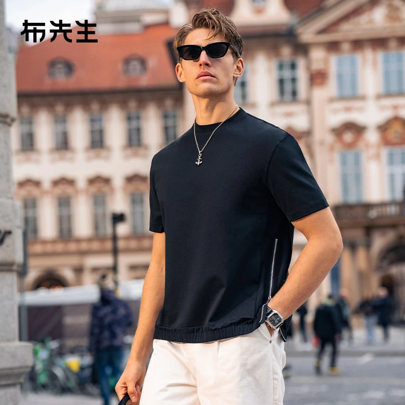 Mr.Bu布先生侧边拉链设计廓形版圆领纯色2025初秋T恤衫男ET16222