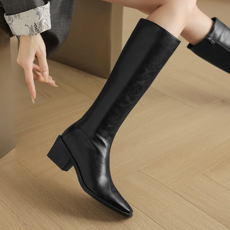 5.5cm~新款长筒粗跟秋冬新款百搭高筒时装靴复古骑士真皮长靴及膝