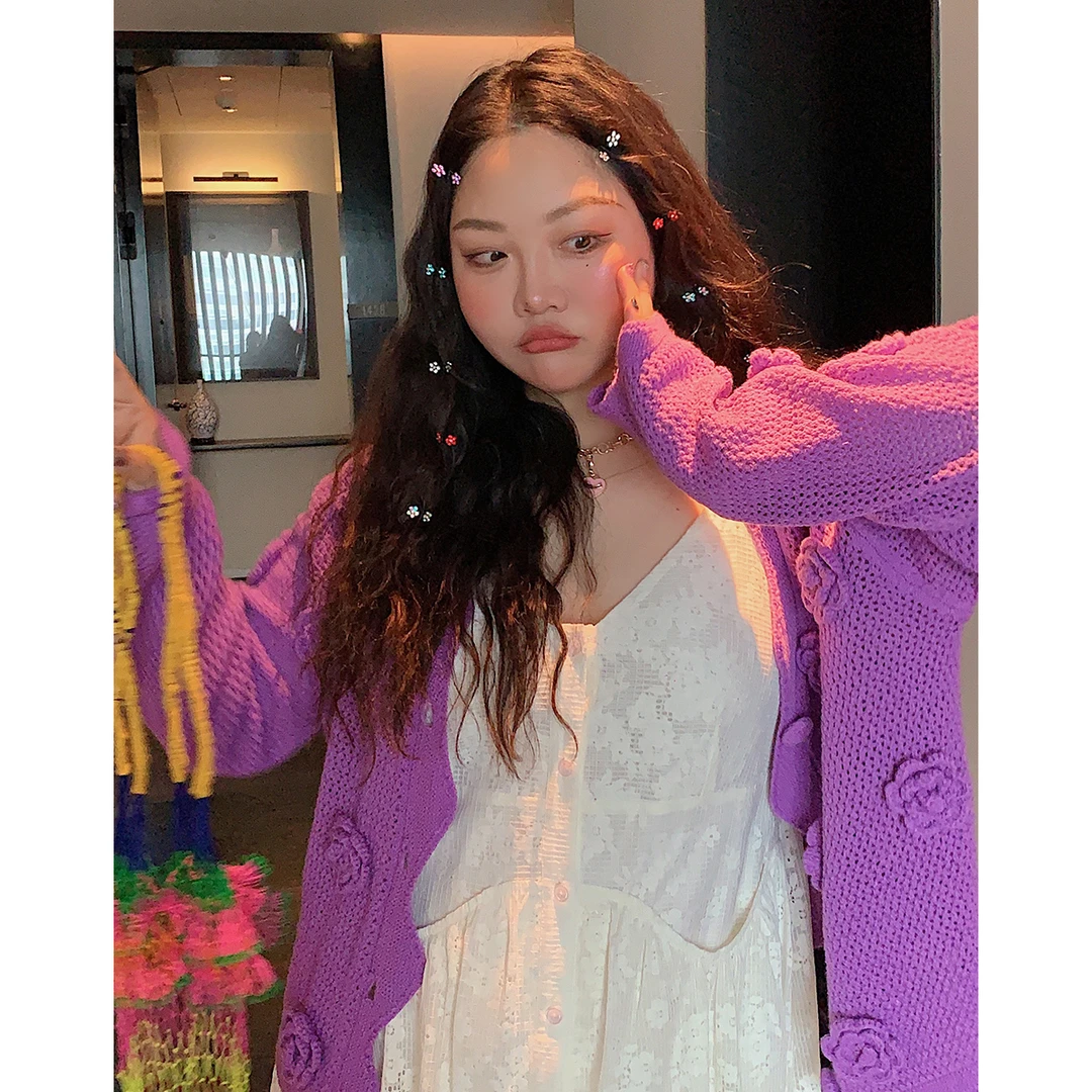 Dazi金大支手工立体花镂空V领针织衫毛衣0321/0072气质长袖百搭