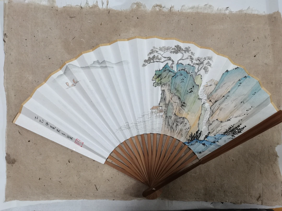 8寸青绿山水白纸折扇中国风礼品工艺扇