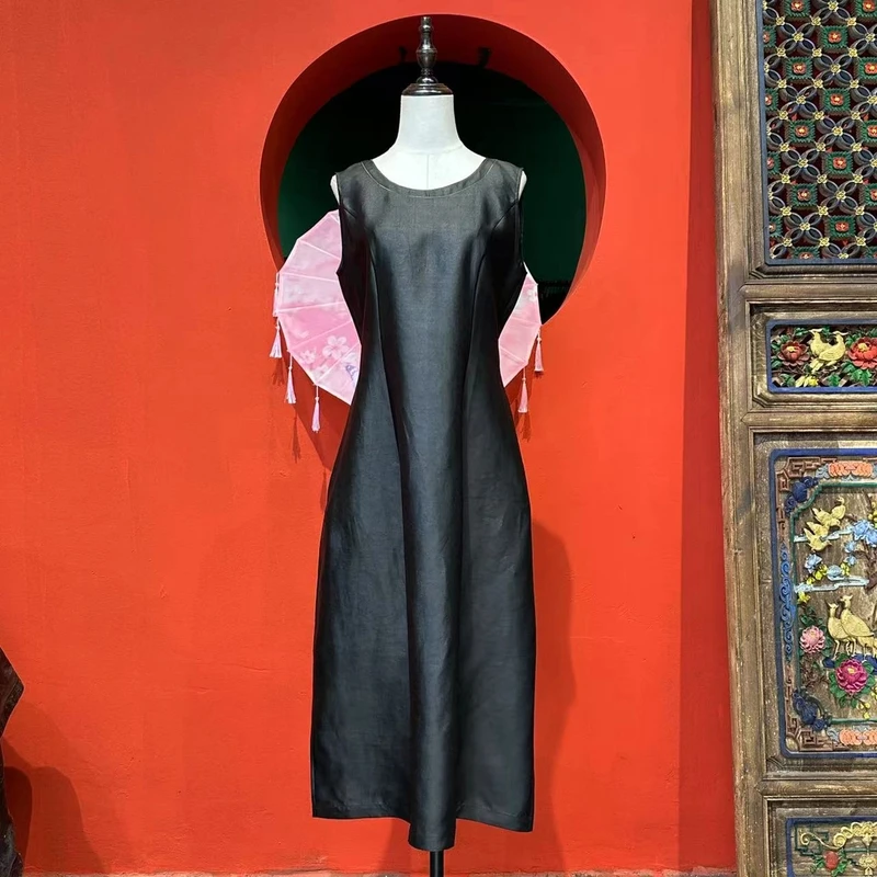 艾可原创 七彩线 无袖连衣裙  素平缎平板香云纱 长120