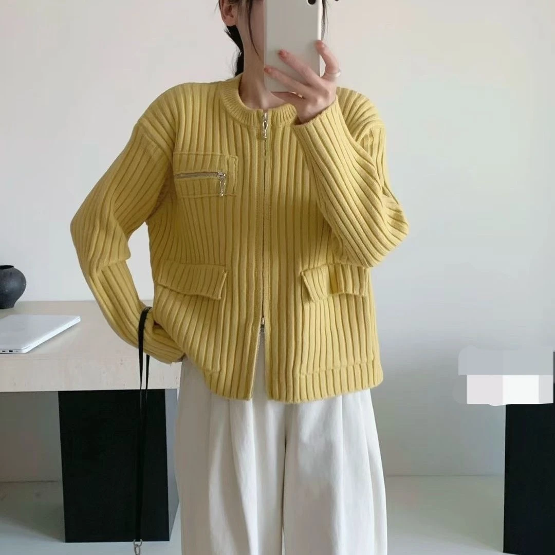 玲姐定制-新款简约风坑条落肩双拉链纯色大口袋针织开衫374733