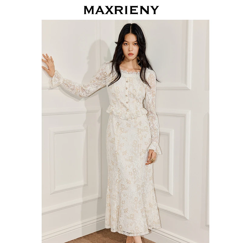 MAXRIENY镂空蕾丝连衣裙25冬款花边宽松x型收腰端庄订婚裙小白裙