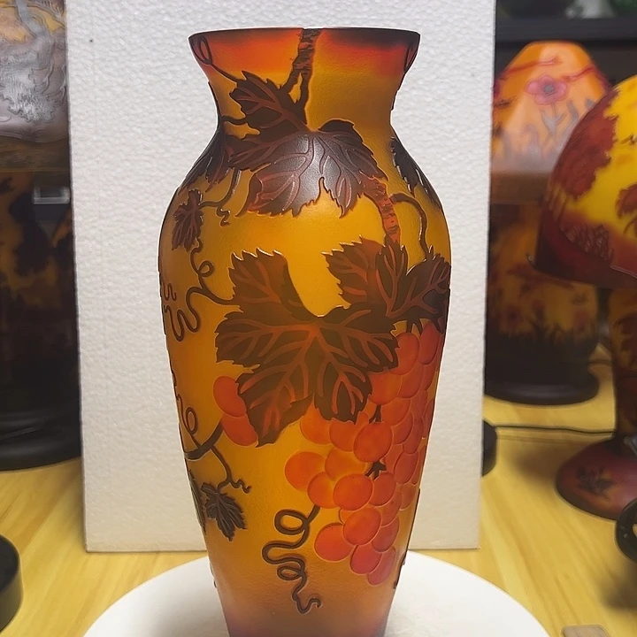 琉璃手工艺品鸡油黄雕刻花瓶花器高32口8