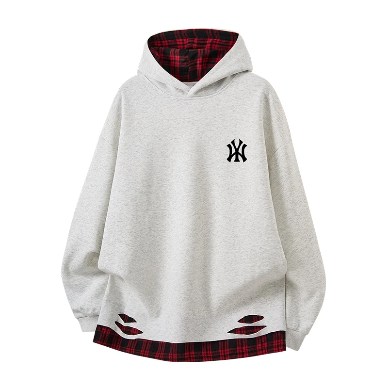 DeweLvum轻奢新款时尚百搭休闲宽松拼接格子连帽卫衣长袖外套男女