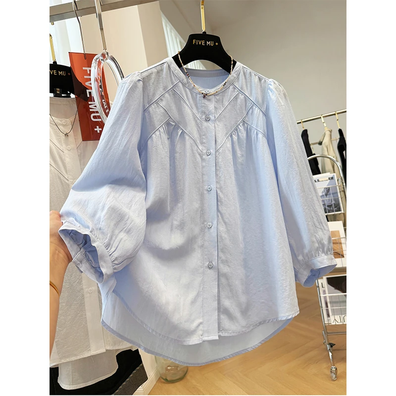 特大码300斤早秋新款韩系七分袖圆领衬衫男女装法式小资宽松小衫2