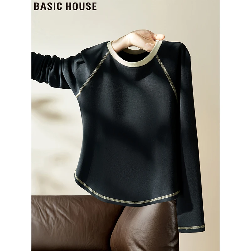 Basic House/百家好撞色圆领长袖收腰T恤女2025秋修身打底衫上衣