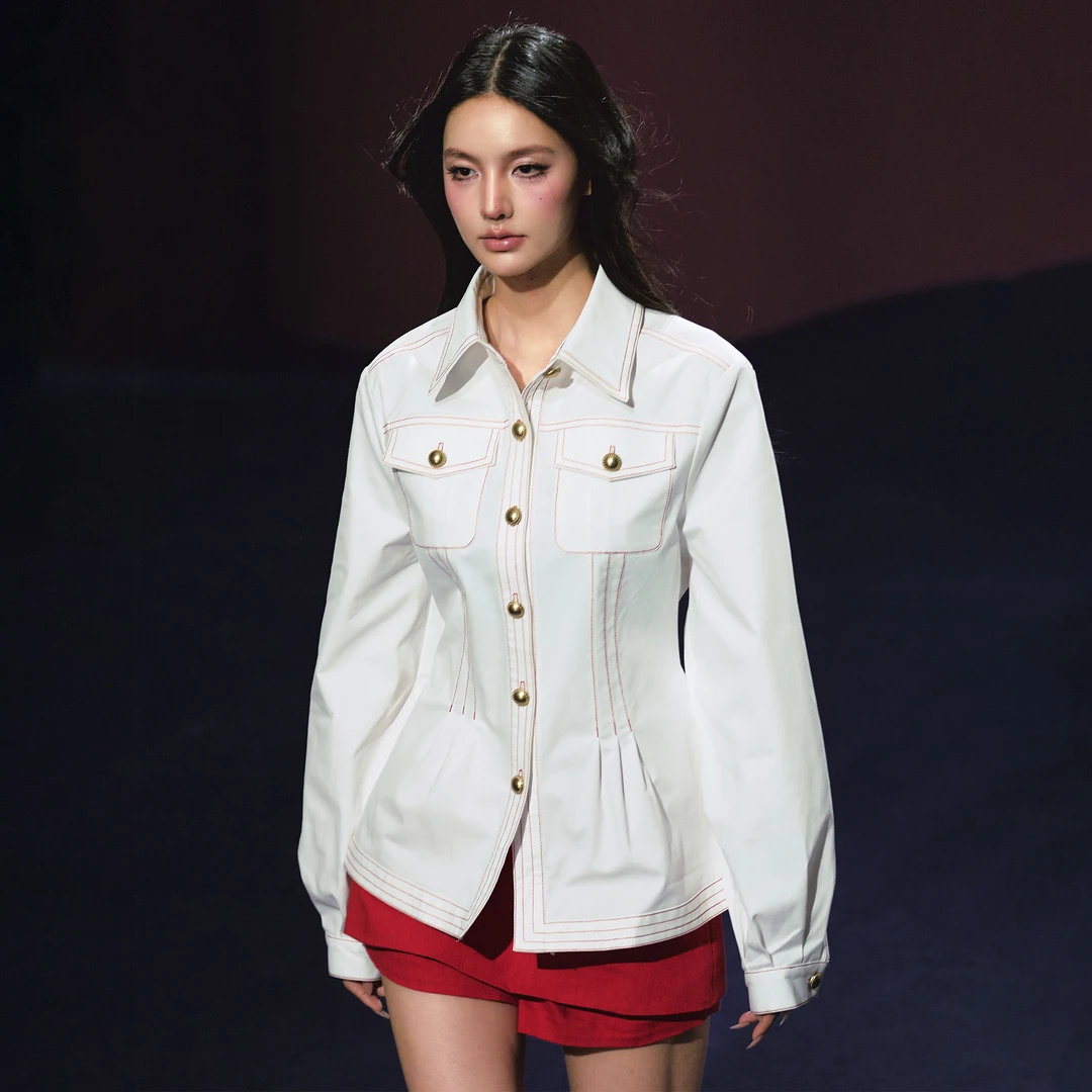 AGAM STUDIO 原创撞红线设计翻领工装收腰口袋复古夹克外套