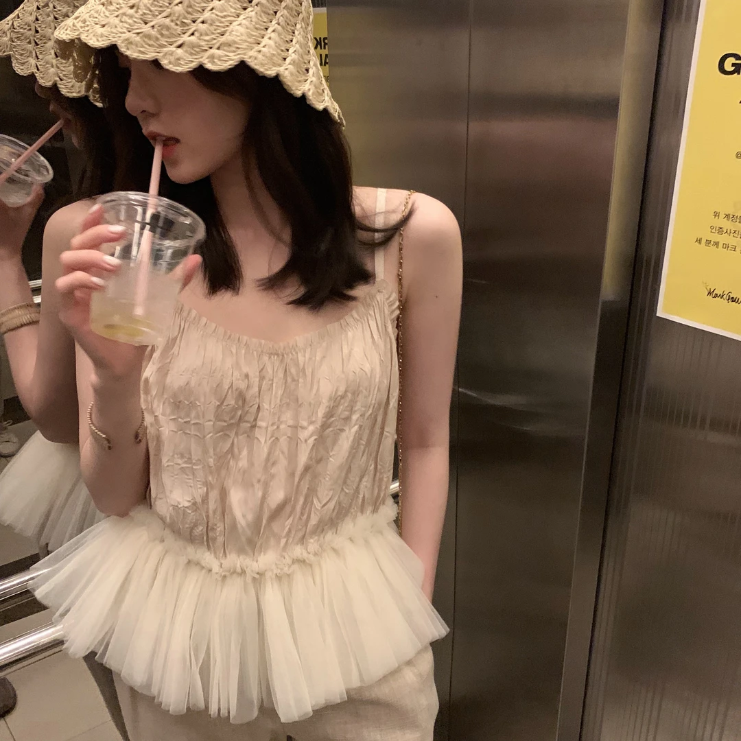 ASM ANNA◆一半性感一半仙纱纱上衣 褶皱外穿吊带背心女A0243