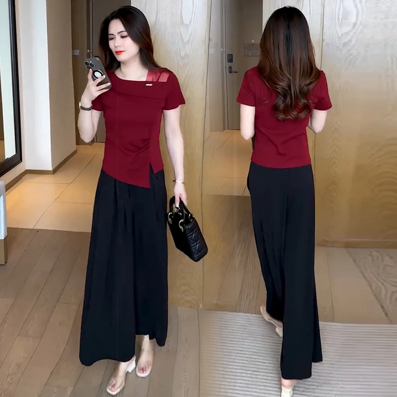 时尚洋气套装女2025夏季新款设计感短袖T恤上衣阔腿裤显瘦两件套