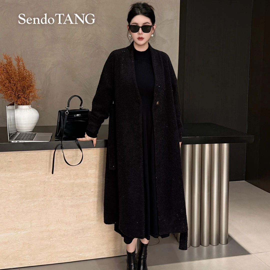 气质高级感毛呢外套【星河舞】胖多大码秋冬新款简约显瘦系带中长款