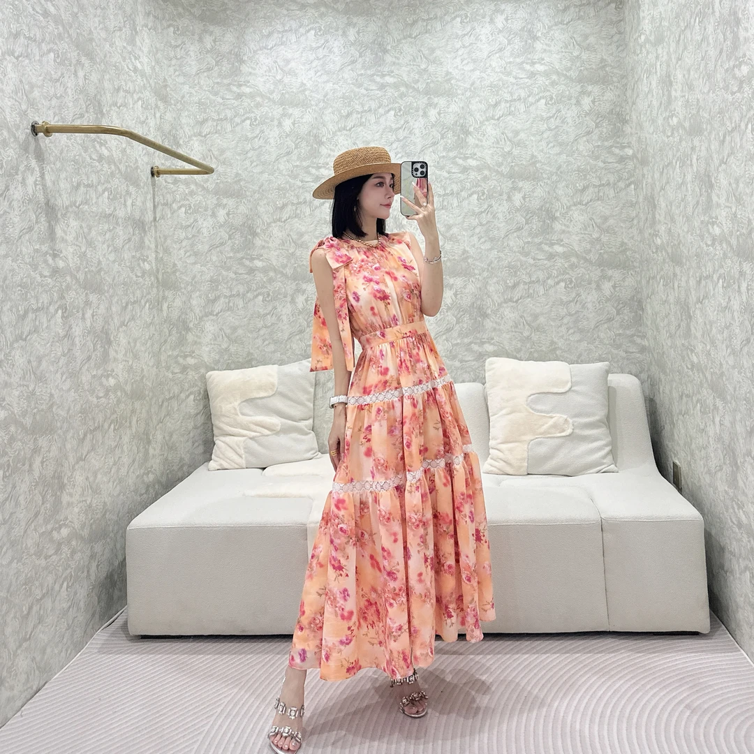 CELLENDI无袖夏季挂脖式显瘦连衣裙时尚气质印花长裙轻奢碎花