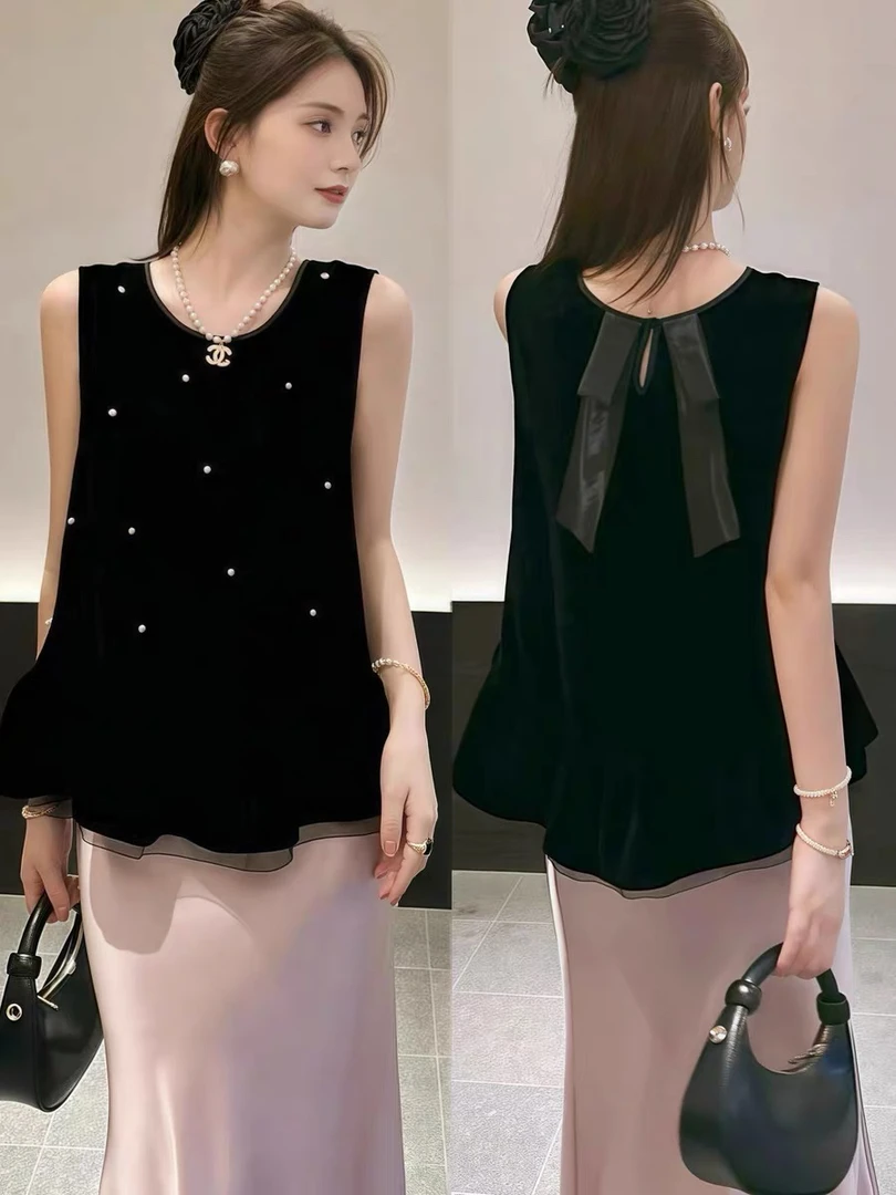 法式高级感黑色钉珠丝绒无袖衬衫女2025新款夏季宽松独特绝美上衣