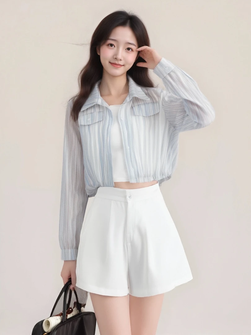 【直播】86132吊带背心短款小衬衫短款三件套