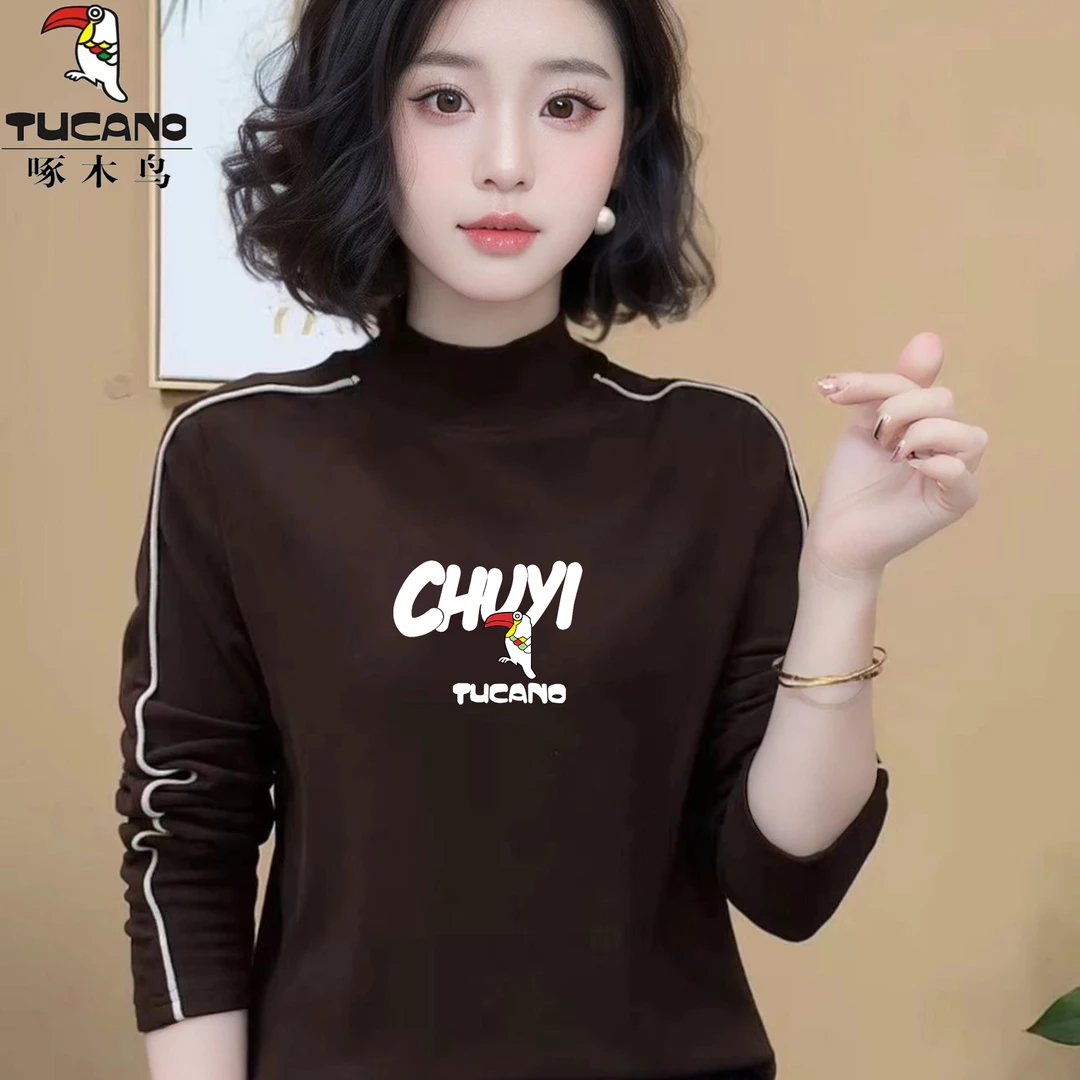 啄木鸟正品2025年秋冬德绒半高领保暖洋气舒适打底衫加绒印花上衣