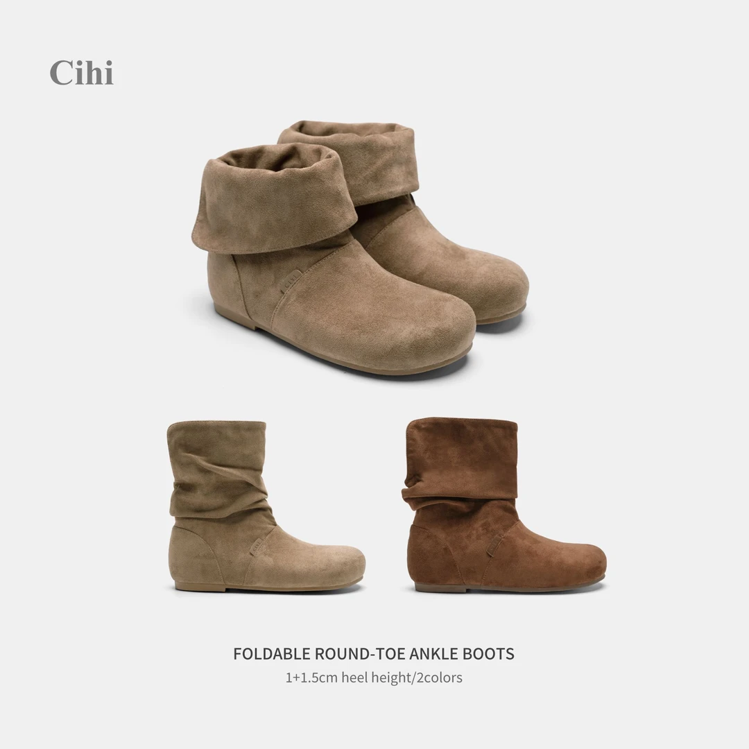 Cihi'Mizpah' 可翻折设计 圆头两穿内增高堆堆博肯短靴