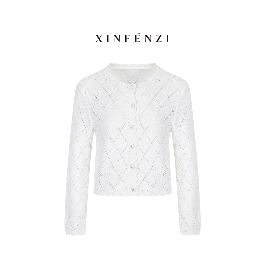 【浪漫芭蕾】XINFENZI 棉感花边菱形格开衫上衣 35954