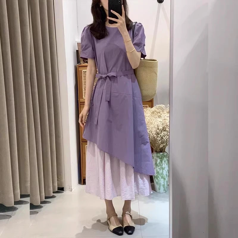 套头夏季圆领假两件长裙连衣裙时尚韩版富家千金风宽松显瘦气质裙