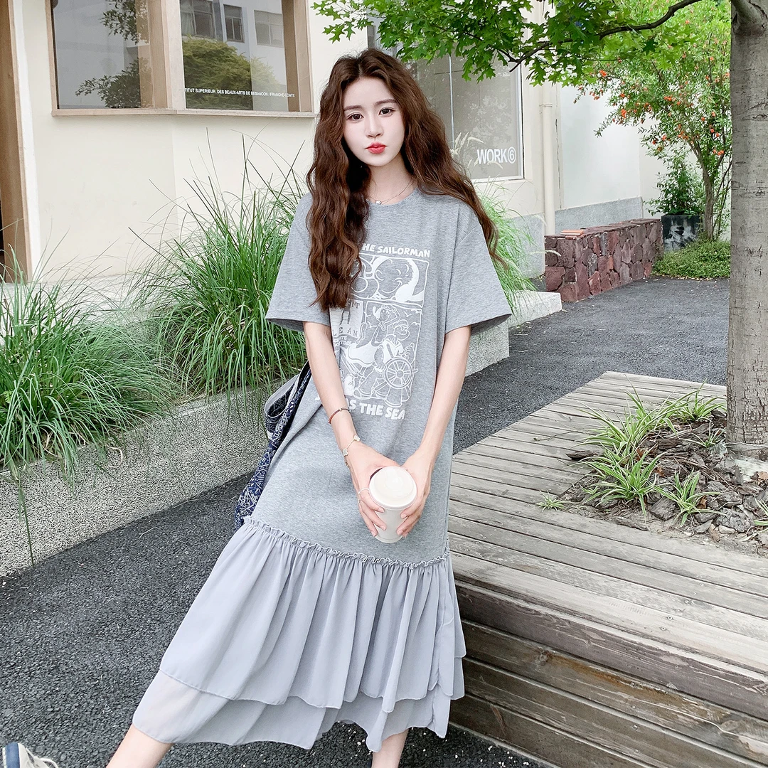 灰色韩系休闲慵懒风印花连衣裙女夏2025新款网纱拼接鱼尾t恤长裙