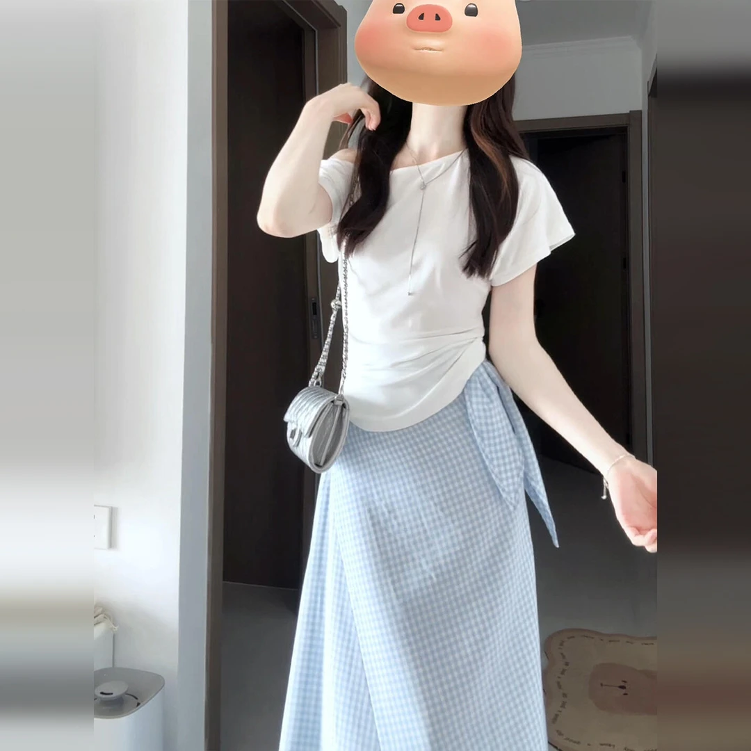 高级感斜肩格子连衣裙子女夏季2025新款气质韩系一整套装长裙4173