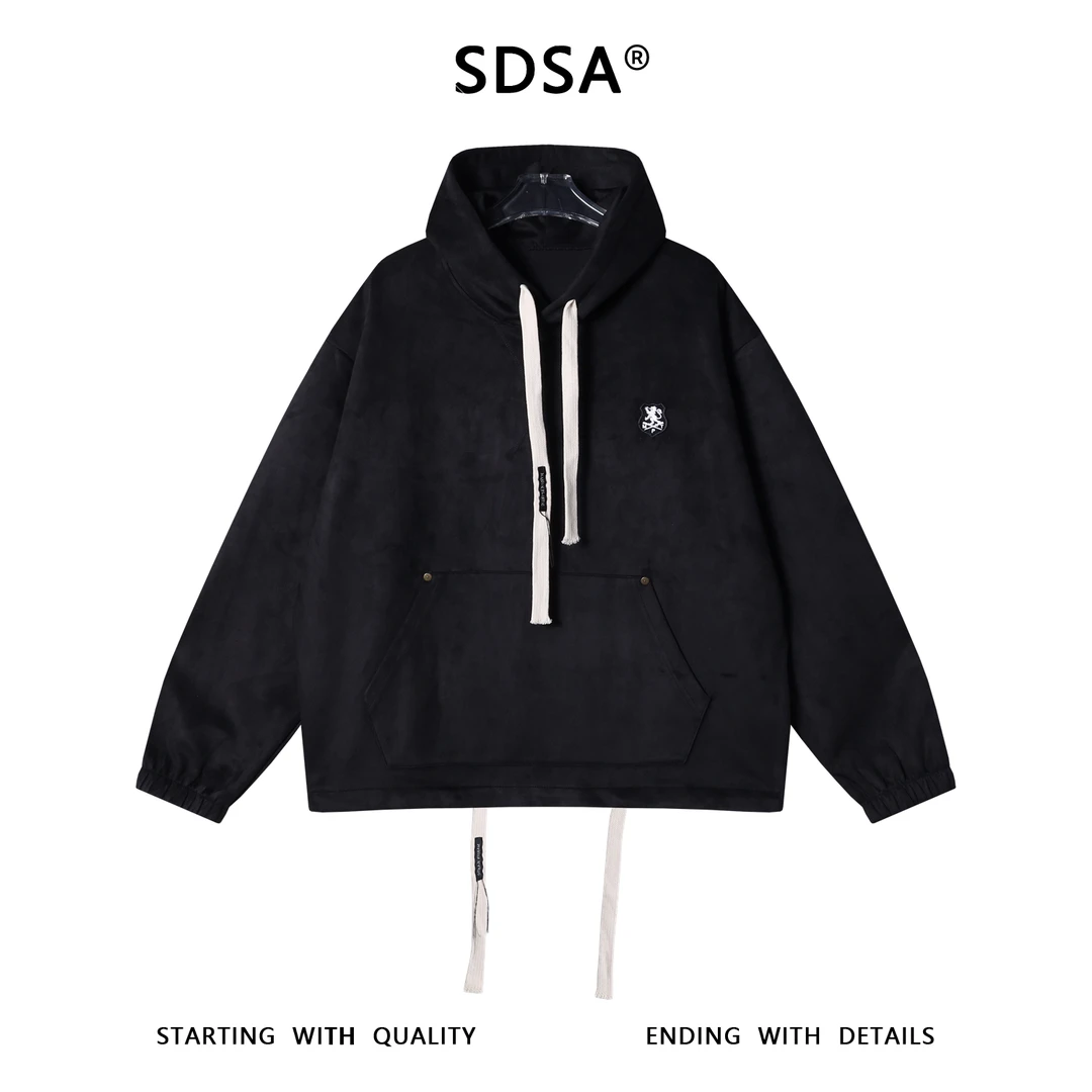 SDSA秋冬新款痞帅男装潮牌绒面下摆松紧抽绳连帽卫衣刺绣标百搭