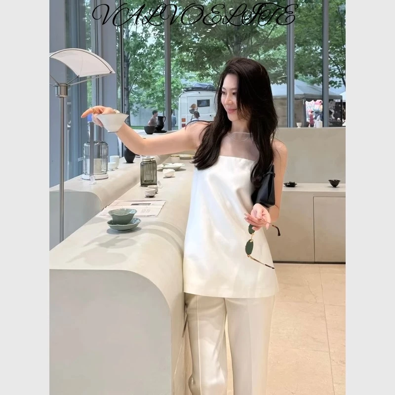 大方得体穿搭女夏气质轻奢设计感小香风白色无袖上衣裤子套装