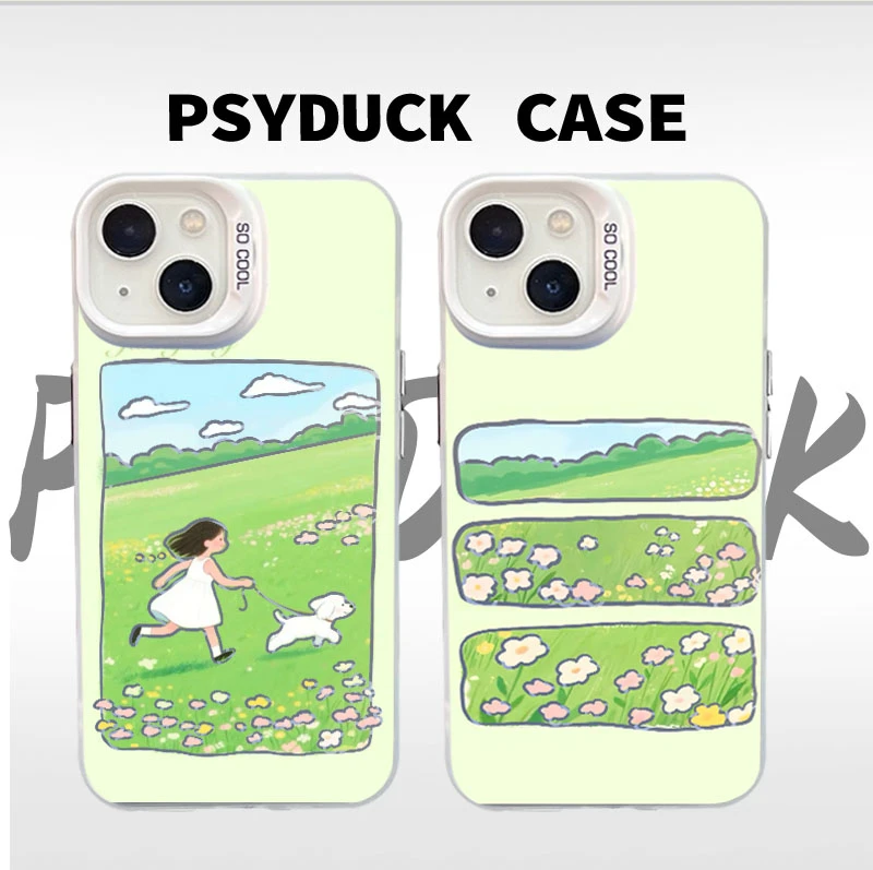 适用苹果华为一加小米春日女孩遛狗彩银全包卡通动漫防摔手机壳