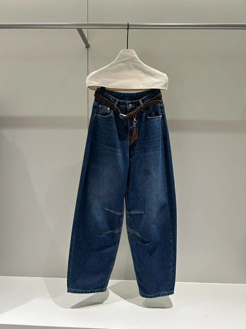 廓形高级蓝调简约弯刀裤秋季2025新款高腰设计感分割显瘦牛仔裤