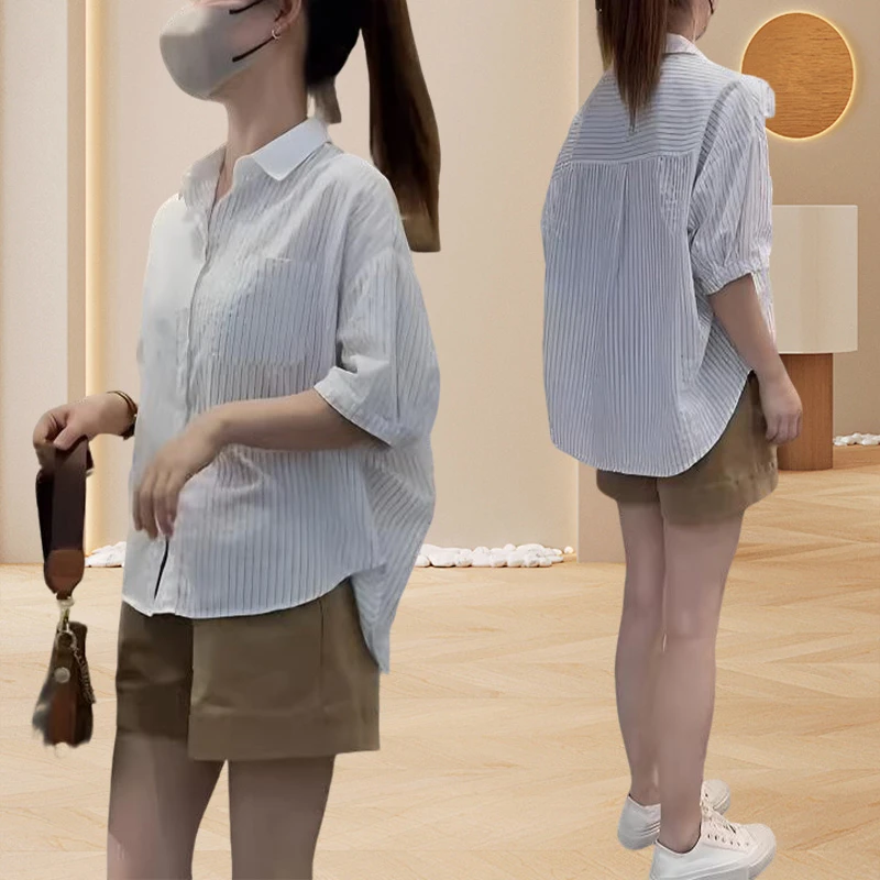 欧货显瘦大码胖mm遮肉套装夏季高级感条纹半袖衬衫短裤休闲两件套