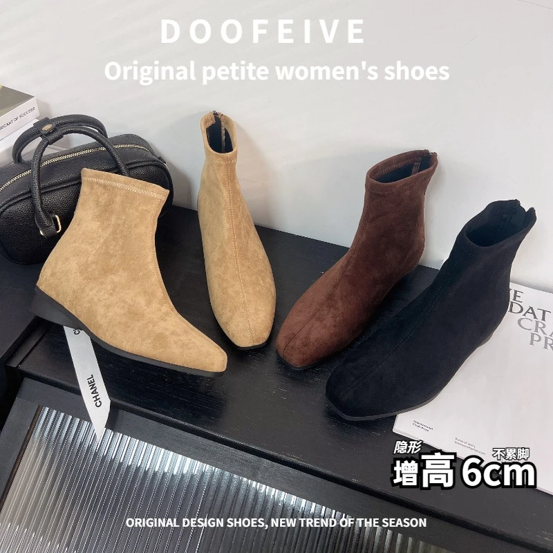 朵菲雯DOOFEIVE~方头高跟粗跟短靴黑色裸靴瘦瘦靴时尚女靴气质