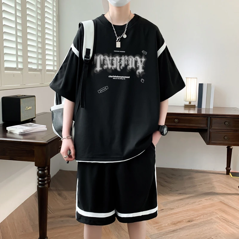 休闲运动套装夏季新款短袖T恤男生宽松运动青年学生印花痞帅ins爆