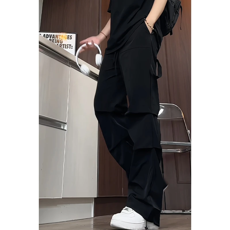 新款高街纯色微弹力工装裤潮流速干冰丝裤休闲裤男士伞兵裤长裤子