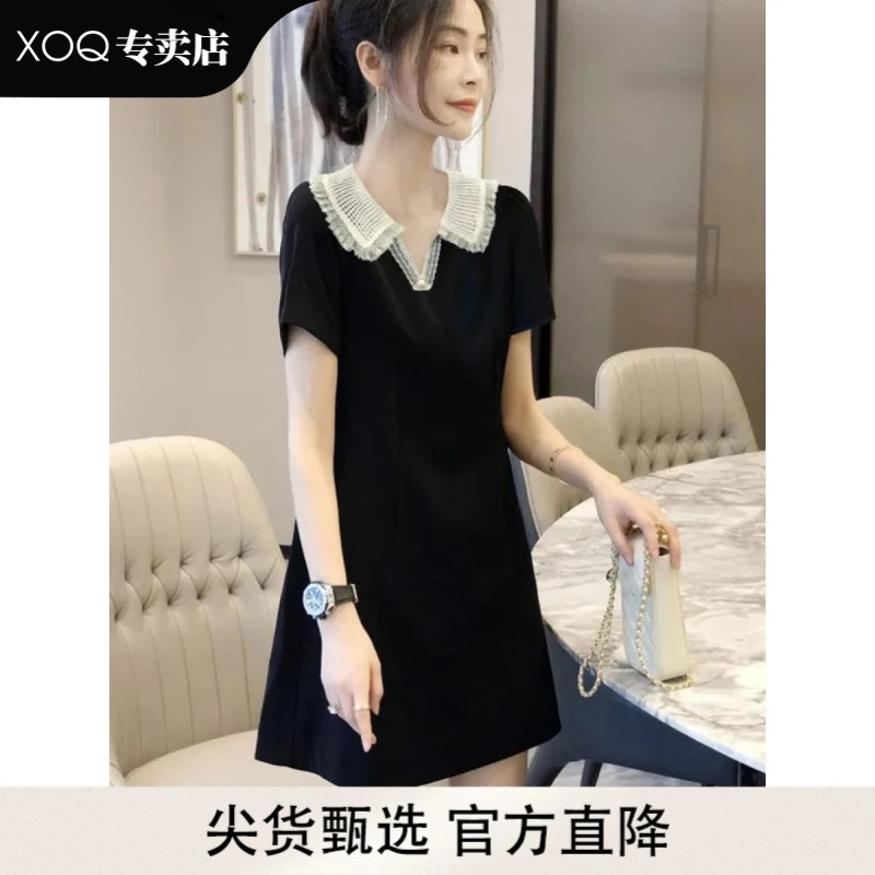 XOQ夏季新款蕾丝娃娃领小个子连衣裙女时尚气质显瘦减龄小黑短裙