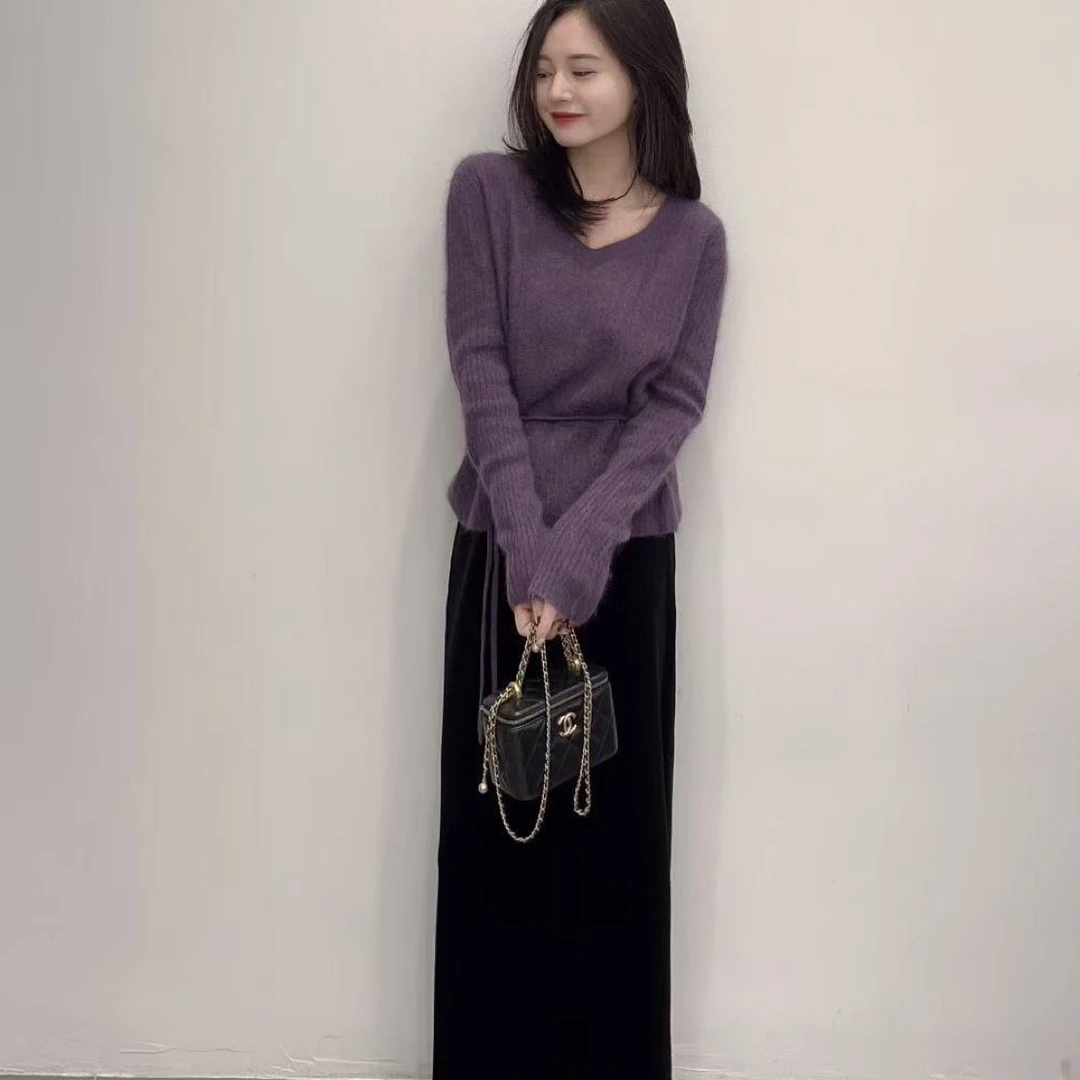 2025秋季新款韩系紫色长袖针织衫毛衣女慵懒风别致显瘦上衣半身裙