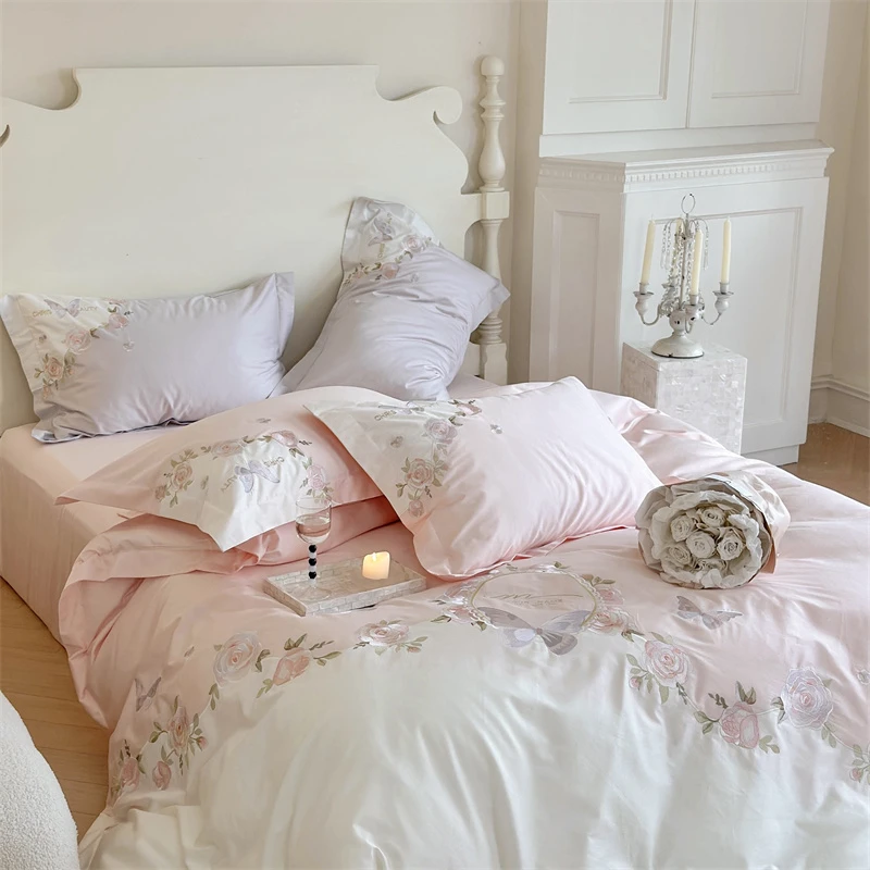 高端100支纯棉四件套公主风绣花被罩床上用品全棉家纺新疆长绒棉