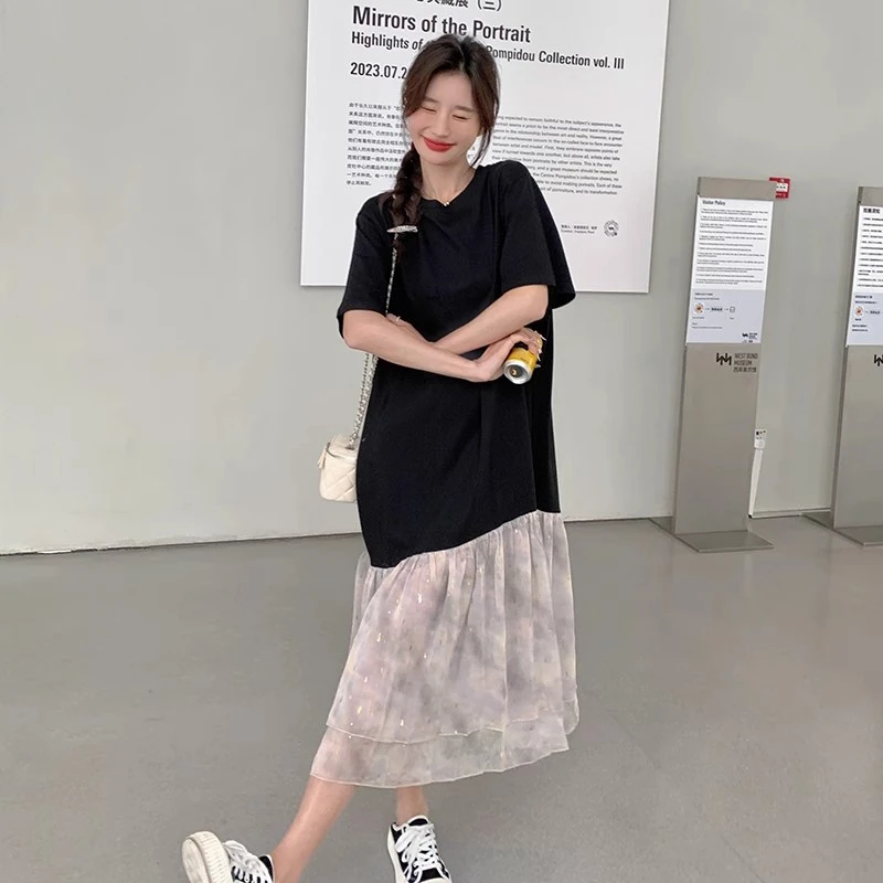 黑色T恤连衣裙女夏季新款韩版宽松休闲设计感雪纺拼接鱼尾裙