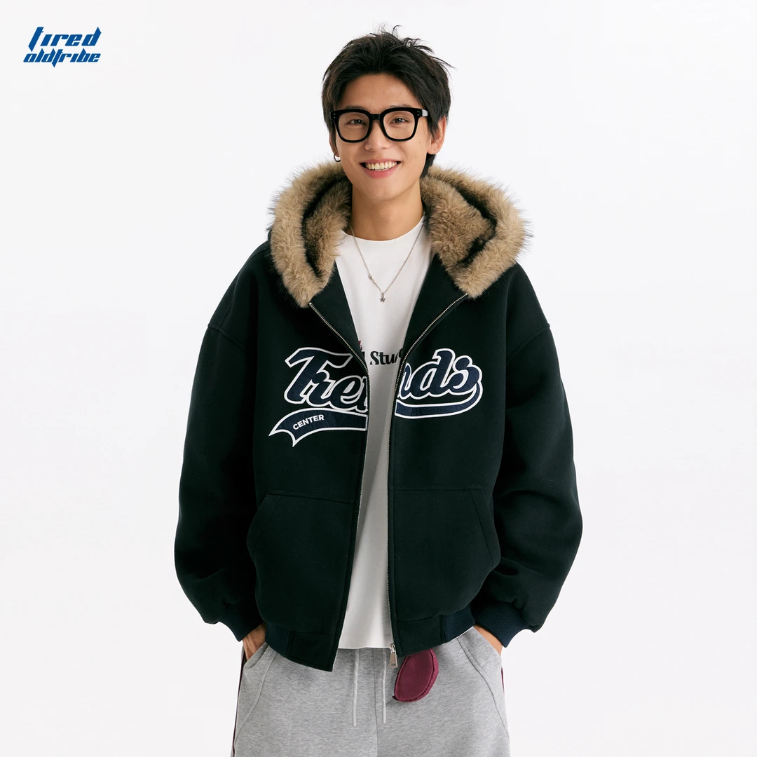 美式复古毛领针织加厚外套棉衣冬季情侣宽松加棉夹克棉服