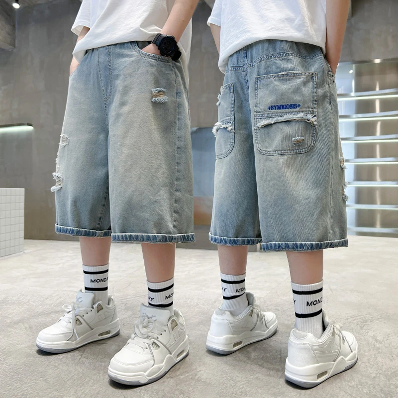 男童炸街痞帅破洞牛仔短裤2025新款儿童中大童男孩五分七分中裤潮